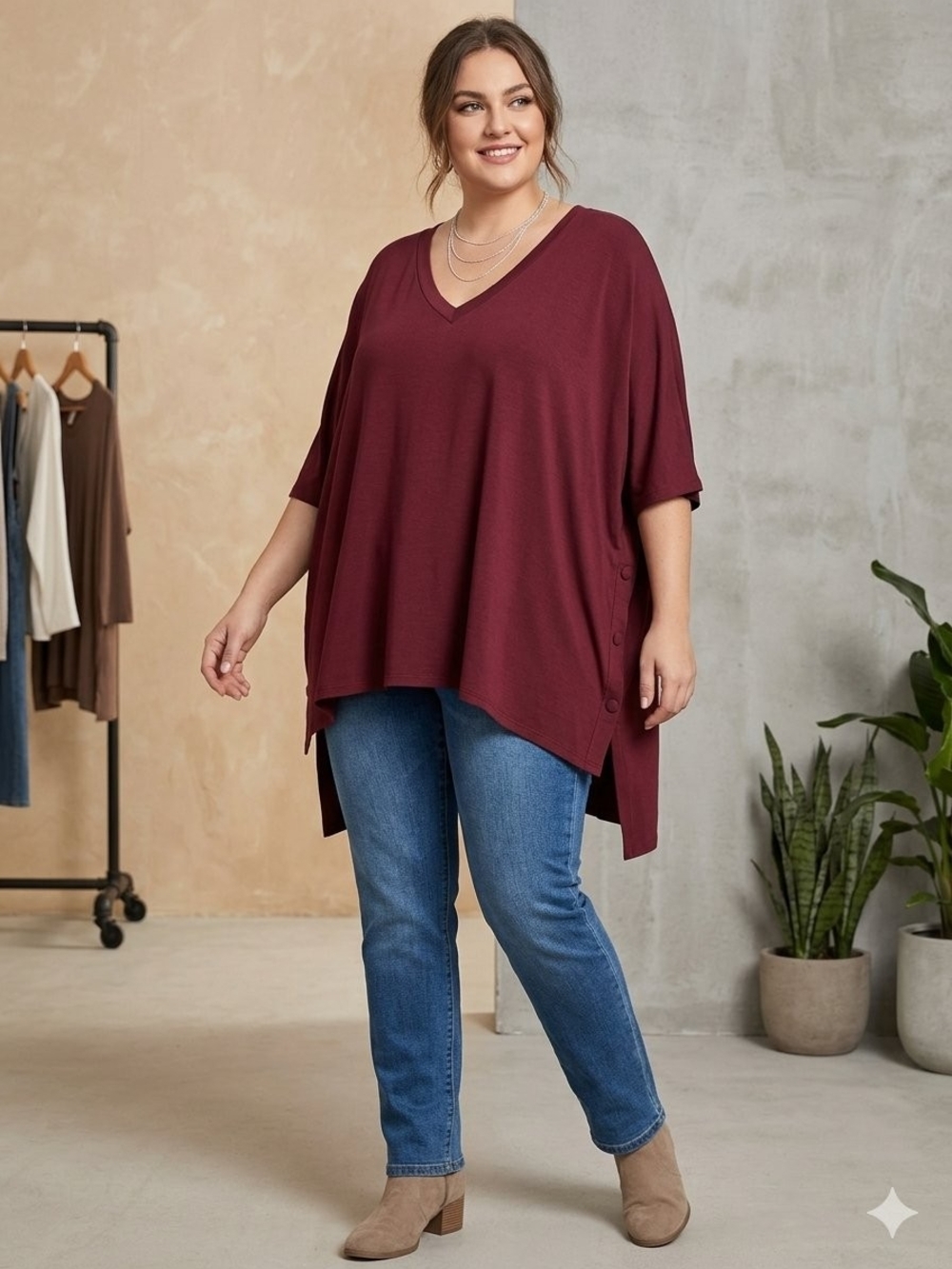 Zenana 2X Burgundy Oversized V-Neck Hi-Low